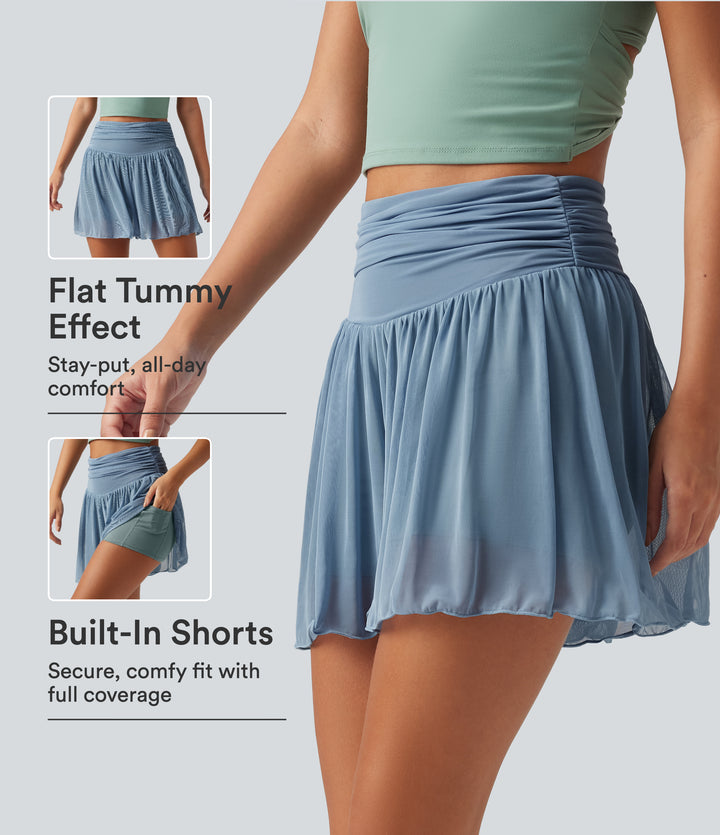High Waisted Ruched Tummy Control Contrast Mesh 2-in-1 Casual Shorts 3" with Pockets — Stormy Sea — view 1