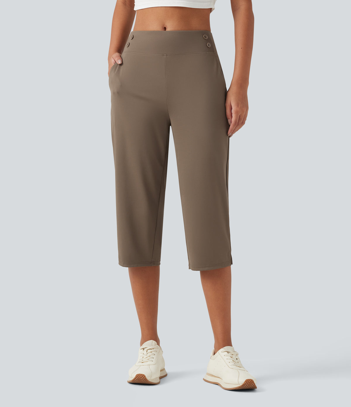 Mid Rise Quick Dry Capri Golf Trousers with Pockets-UPF40+ — Shitake — view 3