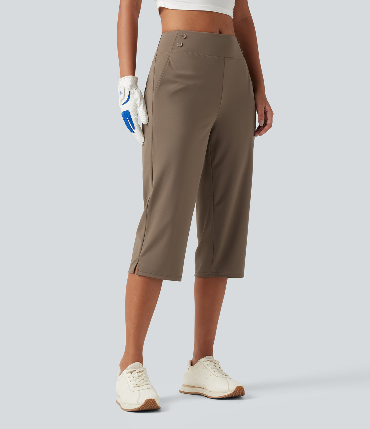 Mid Rise Quick Dry Capri Golf Trousers with Pockets-UPF40+ — Shitake — view 1