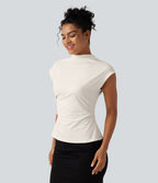Mock Neck Cap Sleeve Tie Back Ruched Work Blouse — Whisper White — view 3