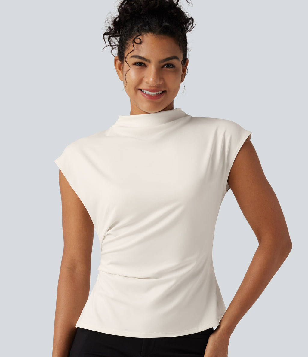 Mock Neck Cap Sleeve Tie Back Ruched Work Blouse — Whisper White — view 1