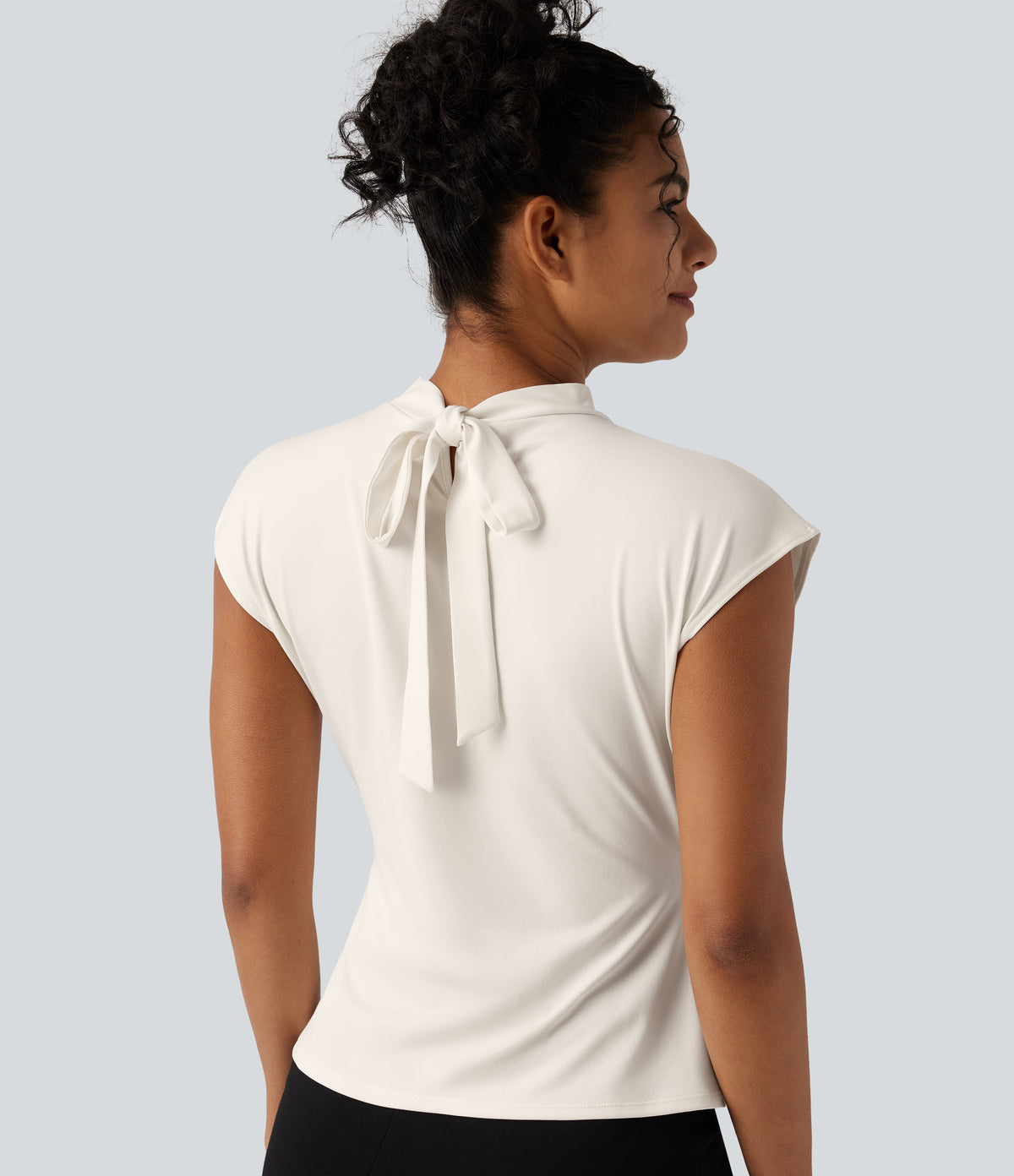 Mock Neck Cap Sleeve Tie Back Ruched Work Blouse — Whisper White — view 5