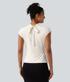 Mock Neck Cap Sleeve Tie Back Ruched Work Blouse — Whisper White — view 2