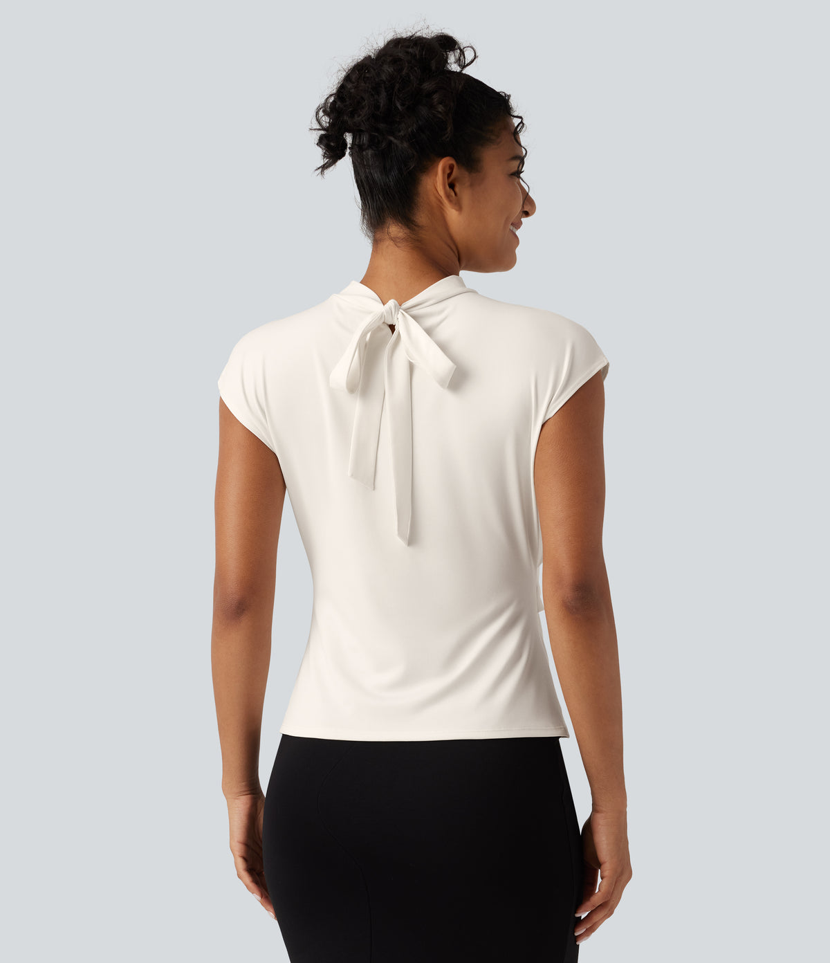 Mock Neck Cap Sleeve Tie Back Ruched Work Blouse — Whisper White — view 2