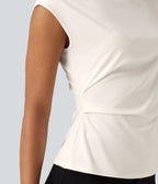 Mock Neck Cap Sleeve Tie Back Ruched Work Blouse — Whisper White — view 7