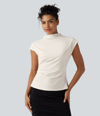 Mock Neck Cap Sleeve Tie Back Ruched Work Blouse — Whisper White — view 4