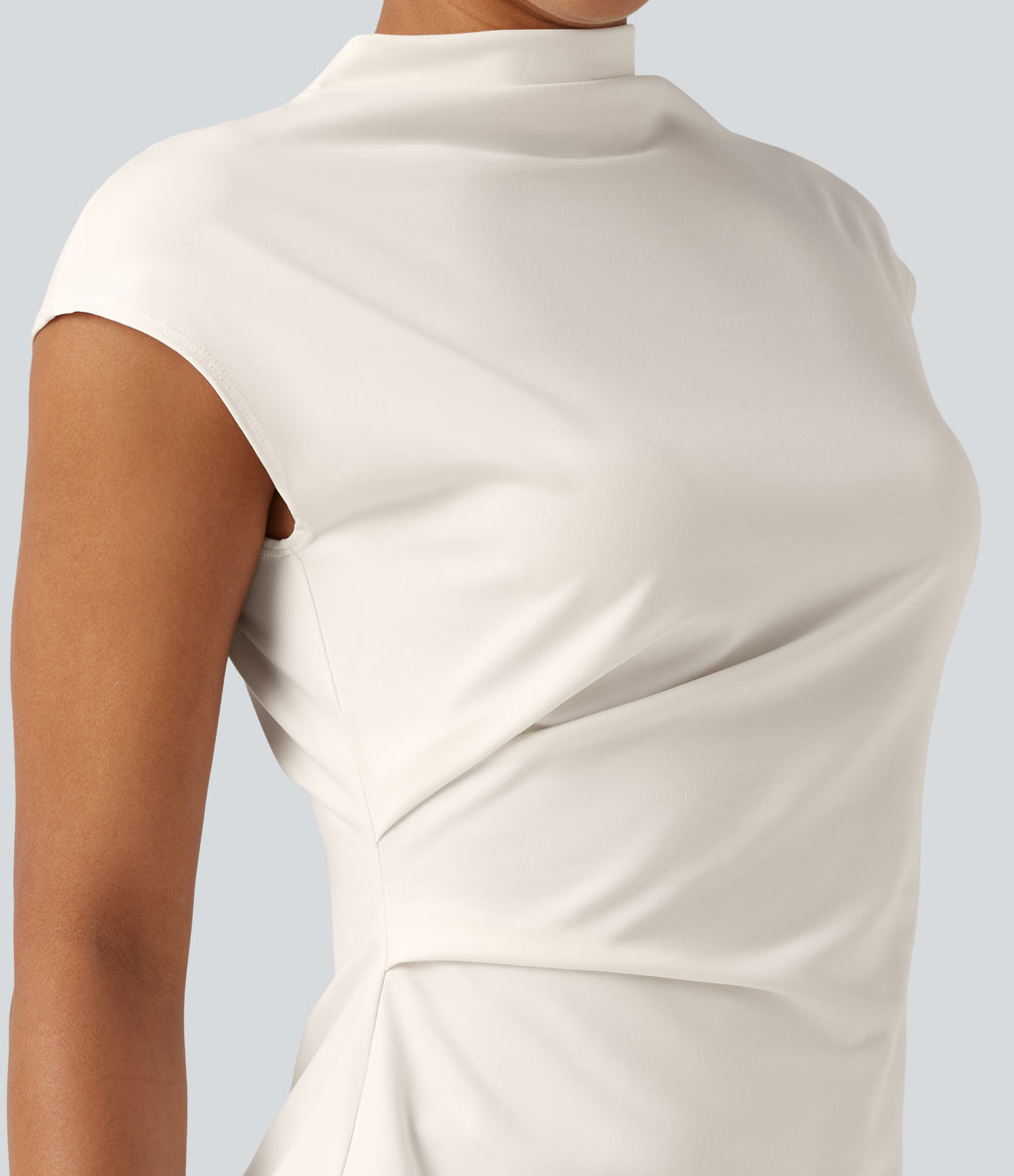 Mock Neck Cap Sleeve Tie Back Ruched Work Blouse — Whisper White — view 6