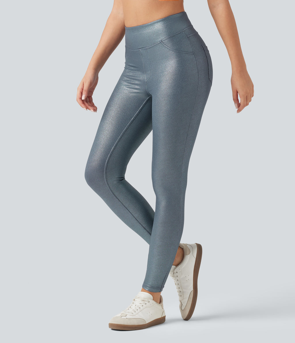 Ribbed Knit High Waisted Foil Print Yoga Leggings with Pockets — Sea Fog Blue — view 3