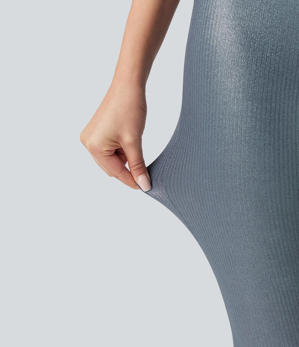 Ribbed Knit High Waisted Foil Print Yoga Leggings with Pockets — Sea Fog Blue — view 6