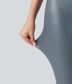 Ribbed Knit High Waisted Foil Print Yoga Leggings with Pockets — Sea Fog Blue — view 6