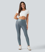 Ribbed Knit High Waisted Foil Print Yoga Leggings with Pockets — Sea Fog Blue — view 7