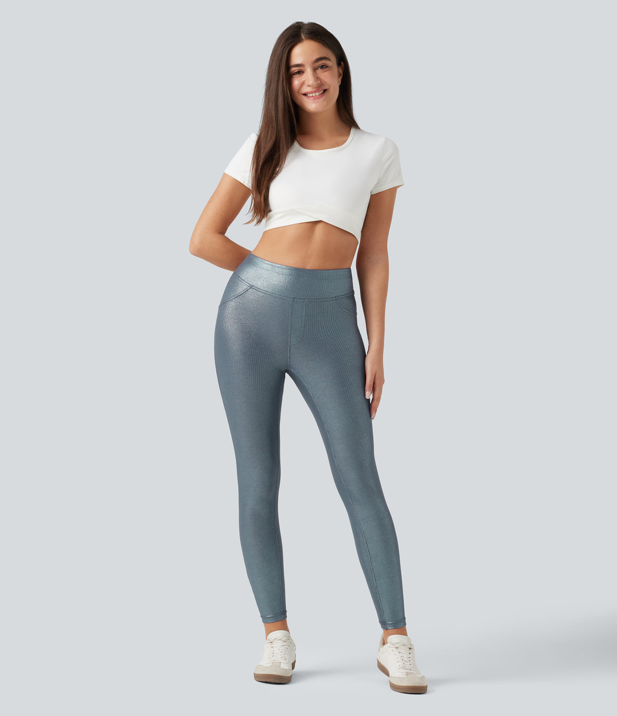 Ribbed Knit High Waisted Foil Print Yoga Leggings with Pockets — Sea Fog Blue — view 7