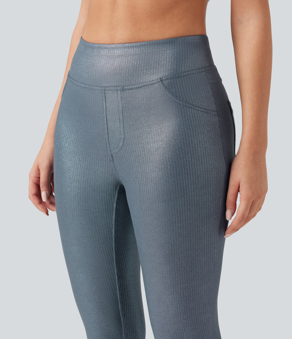 Ribbed Knit High Waisted Foil Print Yoga Leggings with Pockets — Sea Fog Blue — view 5