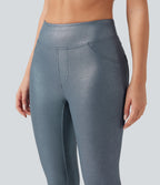 Ribbed Knit High Waisted Foil Print Yoga Leggings with Pockets — Sea Fog Blue — view 5