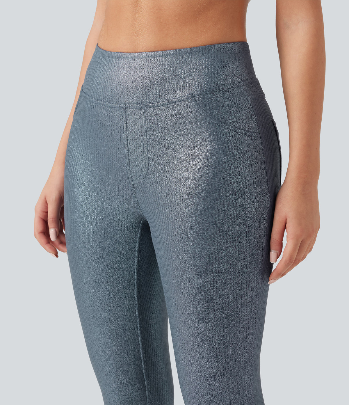 Ribbed Knit High Waisted Foil Print Yoga Leggings with Pockets — Sea Fog Blue — view 5