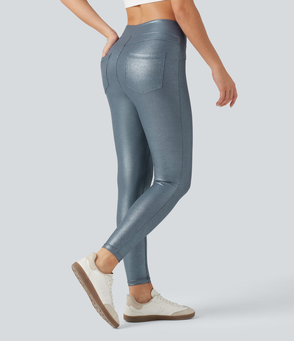 Ribbed Knit High Waisted Foil Print Yoga Leggings with Pockets — Sea Fog Blue — view 1