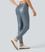 Ribbed Knit High Waisted Foil Print Yoga Leggings with Pockets — Sea Fog Blue — view 1