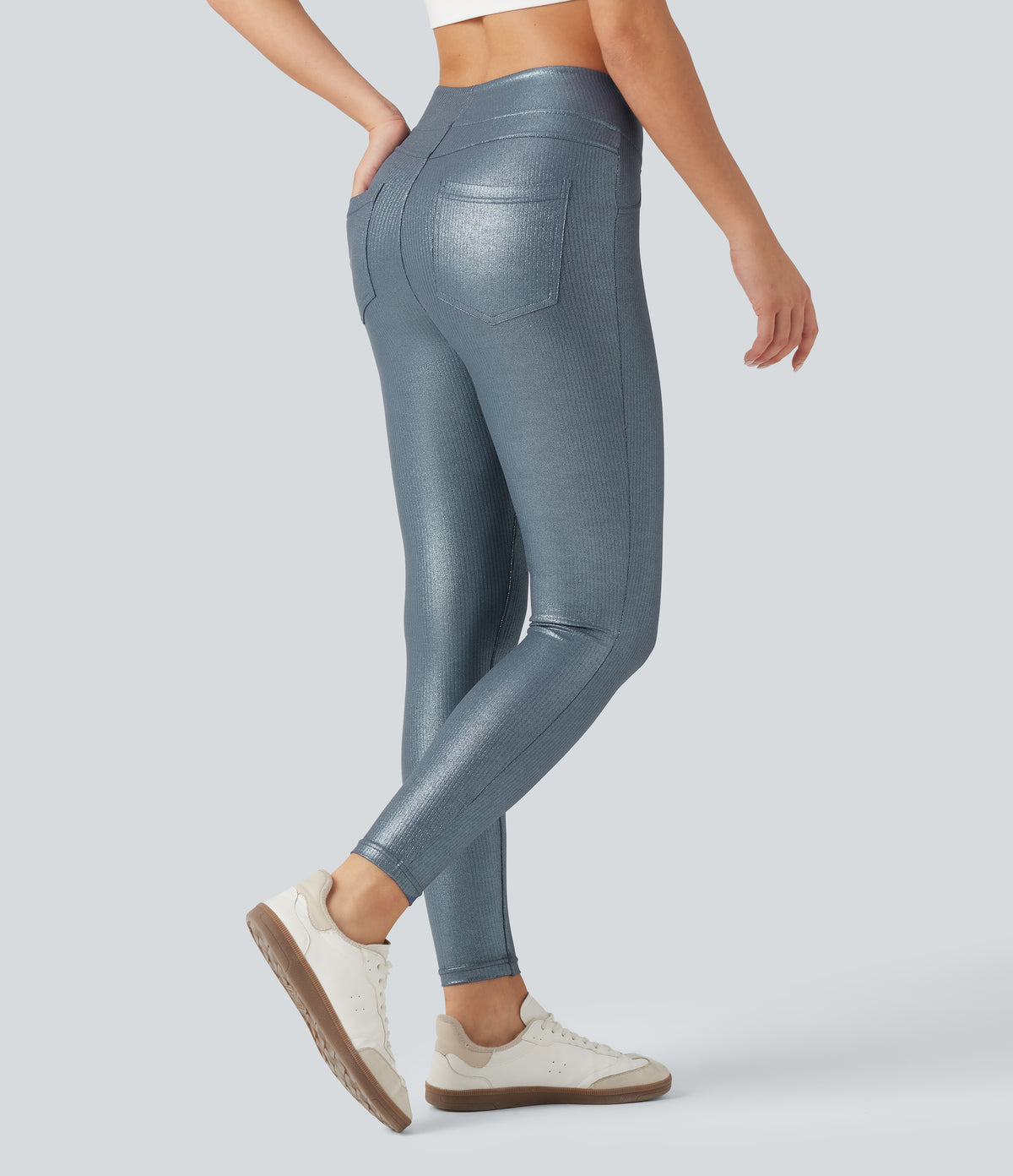 Ribbed Knit High Waisted Foil Print Yoga Leggings with Pockets — Sea Fog Blue — view 1
