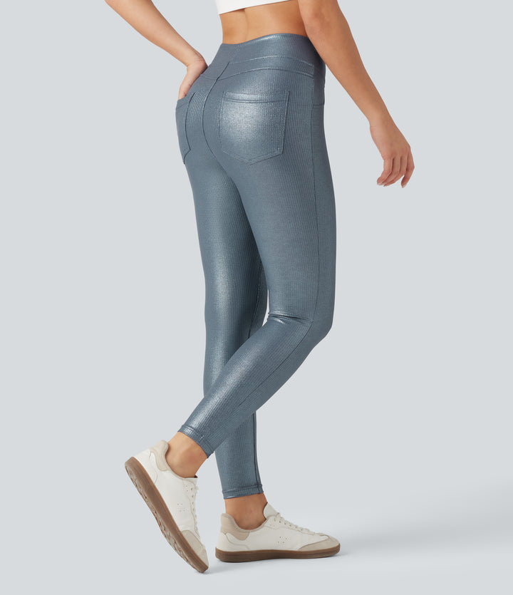 Ribbed Knit High Waisted Foil Print Yoga Leggings with Pockets — Sea Fog Blue — view 1