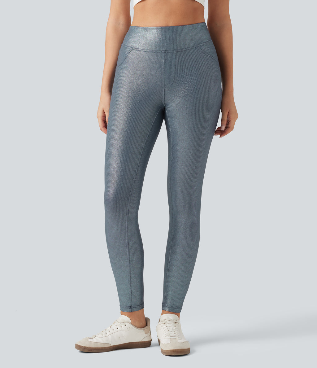 Ribbed Knit High Waisted Foil Print Yoga Leggings with Pockets — Sea Fog Blue — view 2