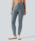 Ribbed Knit High Waisted Foil Print Yoga Leggings with Pockets — Sea Fog Blue — view 2
