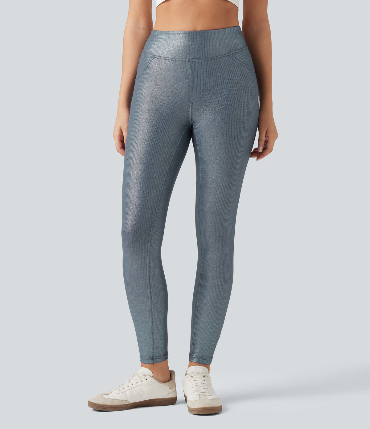 Ribbed Knit High Waisted Foil Print Yoga Leggings with Pockets — Sea Fog Blue — view 2