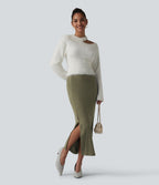 Ribbed Knit High Waisted Midi Work Skirt — Moss Green Floral Velvet — view 5