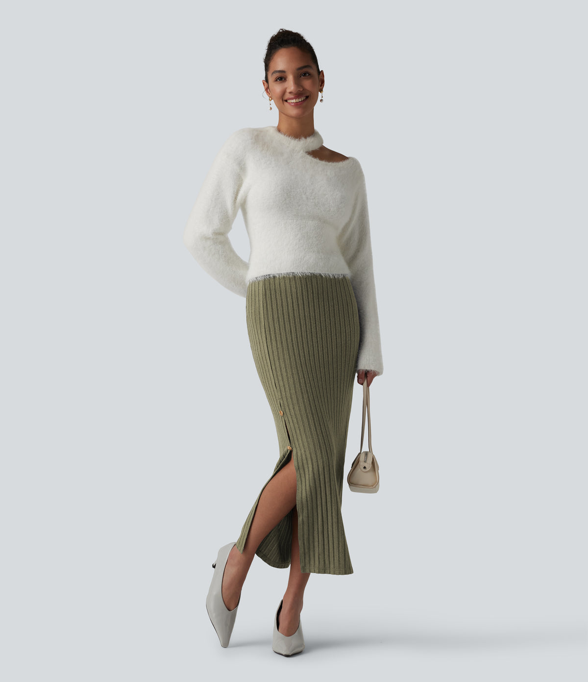 Ribbed Knit High Waisted Midi Work Skirt — Moss Green Floral Velvet — view 5