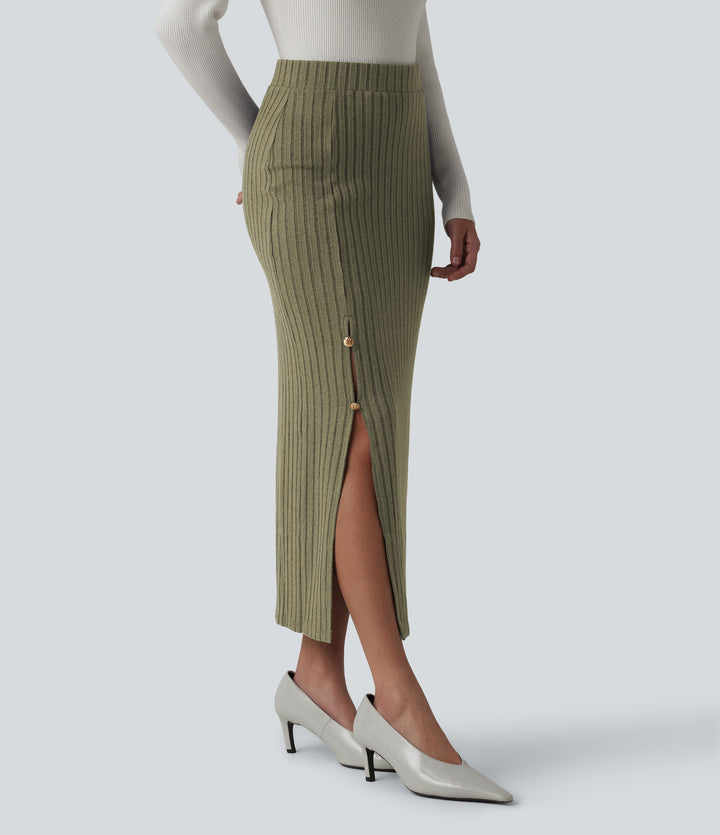 Ribbed Knit High Waisted Midi Work Skirt — Moss Green Floral Velvet — view 1