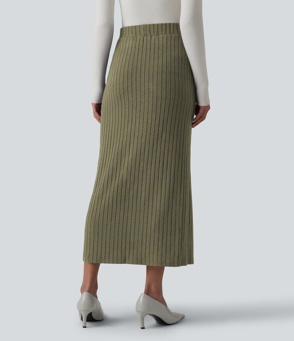 Ribbed Knit High Waisted Midi Work Skirt — Moss Green Floral Velvet — view 2