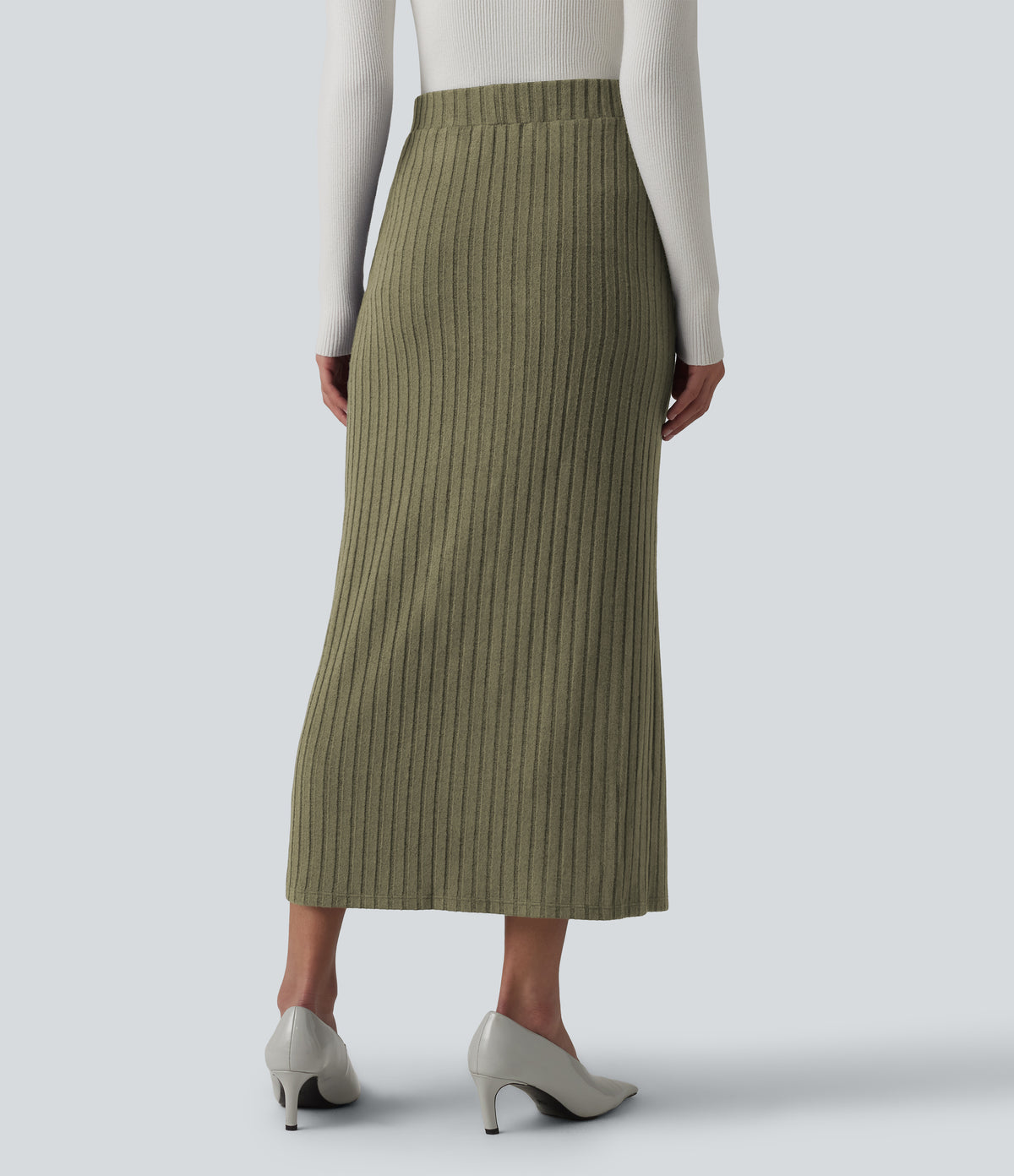 Ribbed Knit High Waisted Midi Work Skirt — Moss Green Floral Velvet — view 2