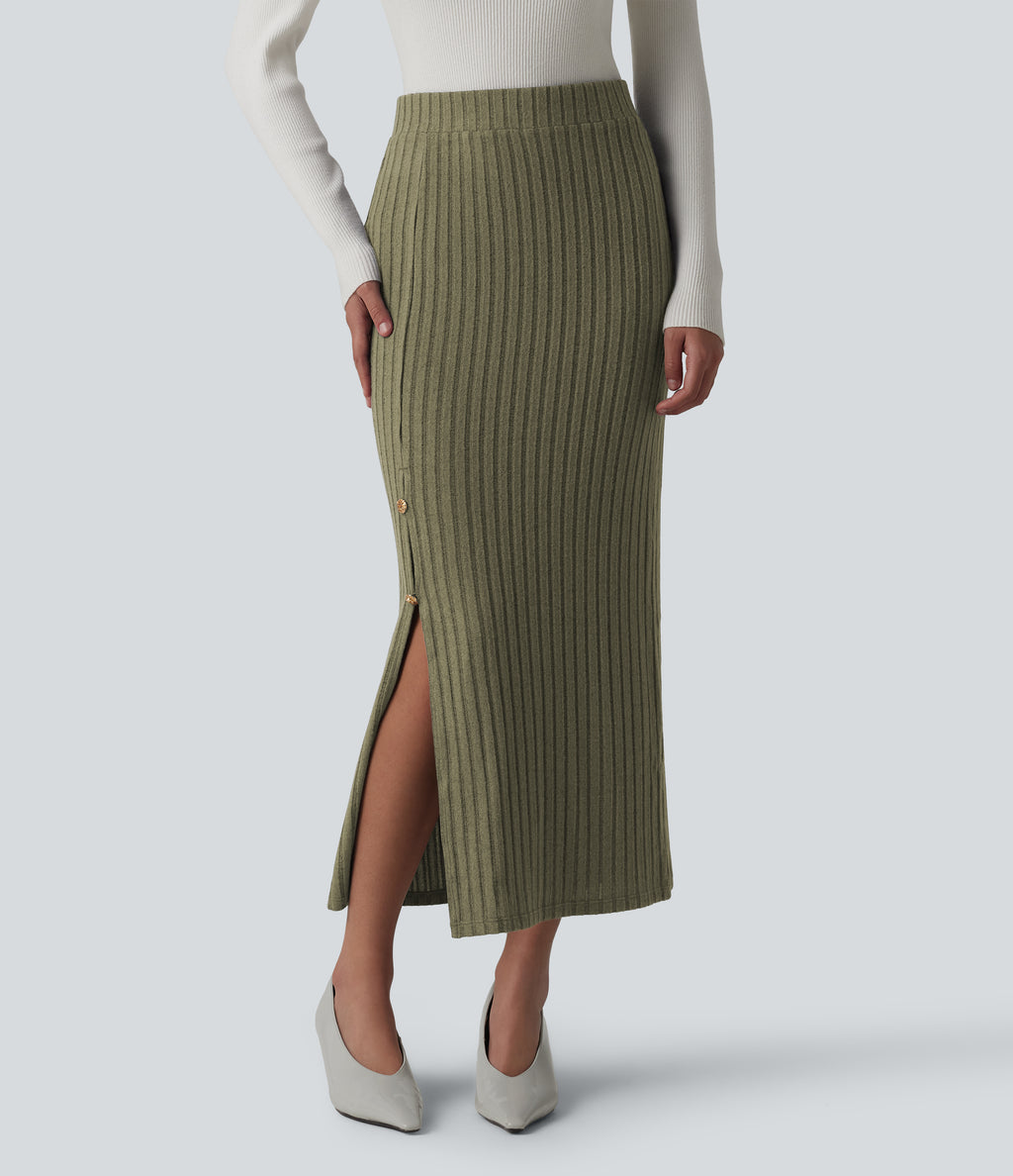 Ribbed Knit High Waisted Midi Work Skirt — Moss Green Floral Velvet — view 3