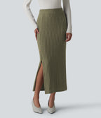 Ribbed Knit High Waisted Midi Work Skirt — Moss Green Floral Velvet — view 3