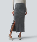 Ribbed Knit High Waisted Midi Work Skirt — Mottled Dark Gray — view 6