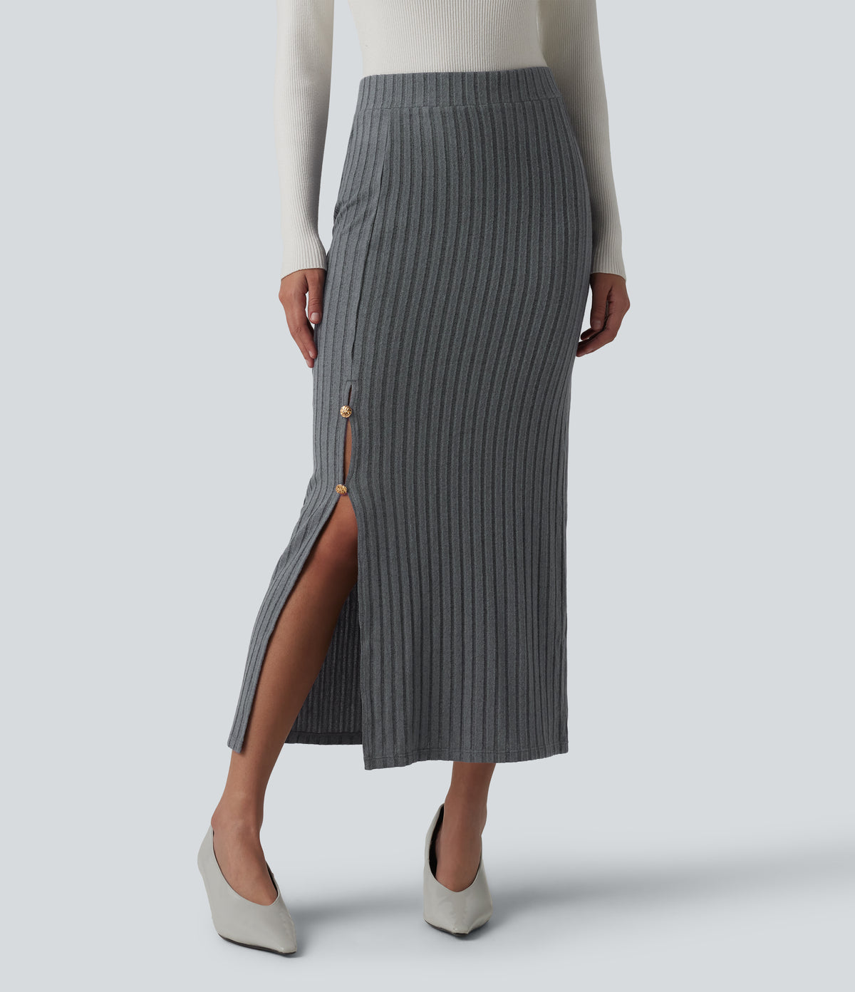 Ribbed Knit High Waisted Midi Work Skirt — Mottled Dark Gray — view 6