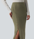 Ribbed Knit High Waisted Midi Work Skirt — Moss Green Floral Velvet — view 4