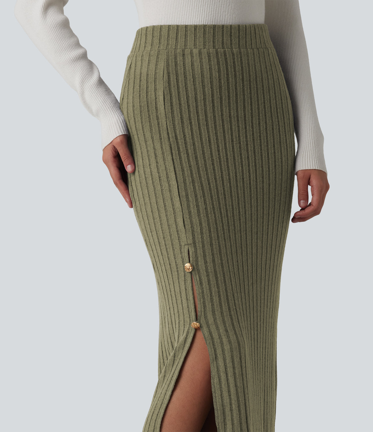 Ribbed Knit High Waisted Midi Work Skirt — Moss Green Floral Velvet — view 4