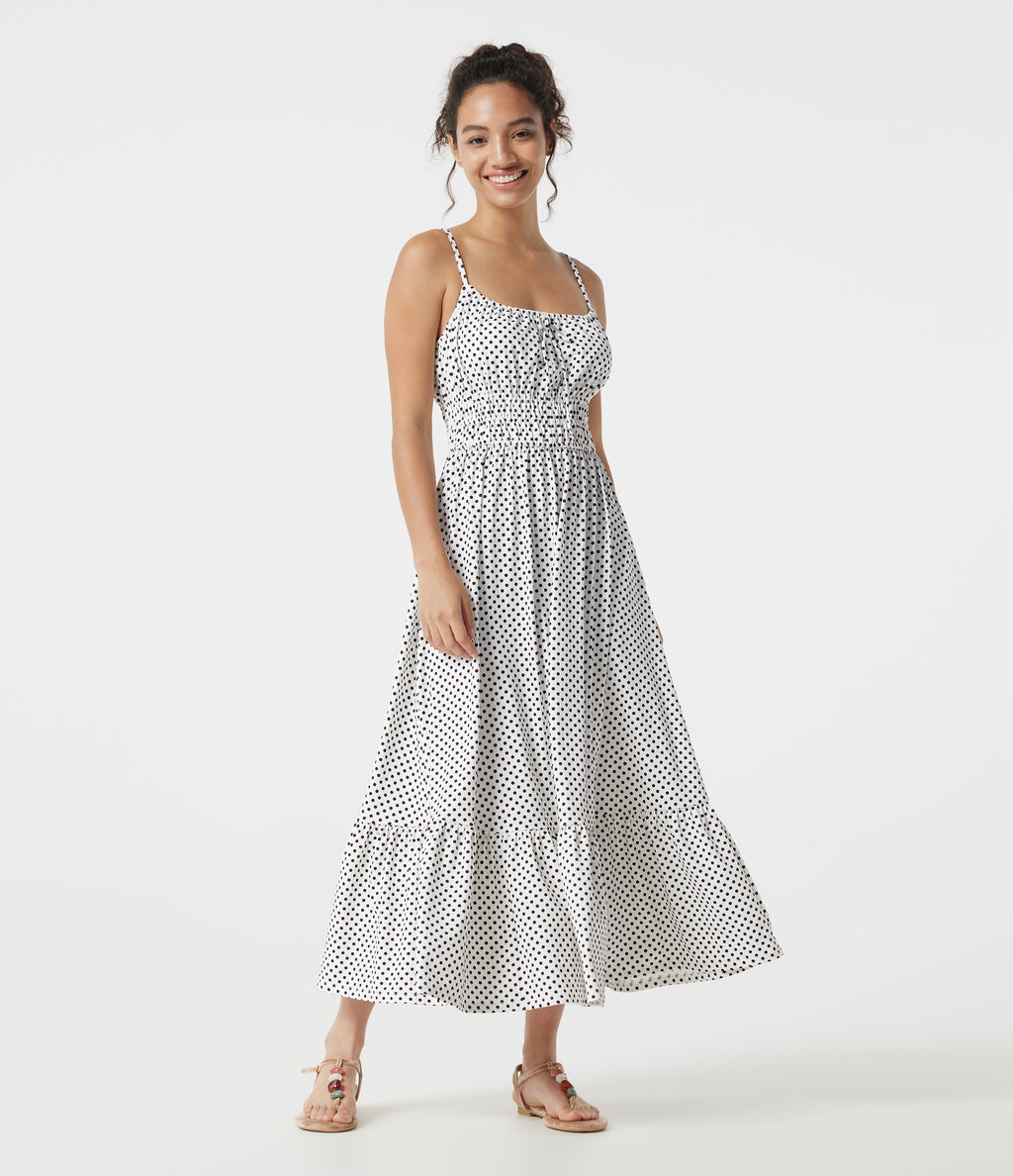 Tie Front Polka Dot Flowy Midi Casual Slip Dress — Snow Dots — view 1