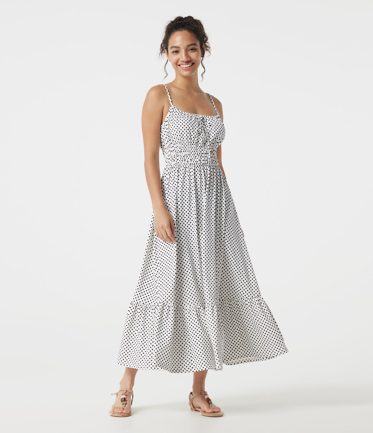Tie Front Polka Dot Flowy Midi Casual Slip Dress — Snow Dots — view 1