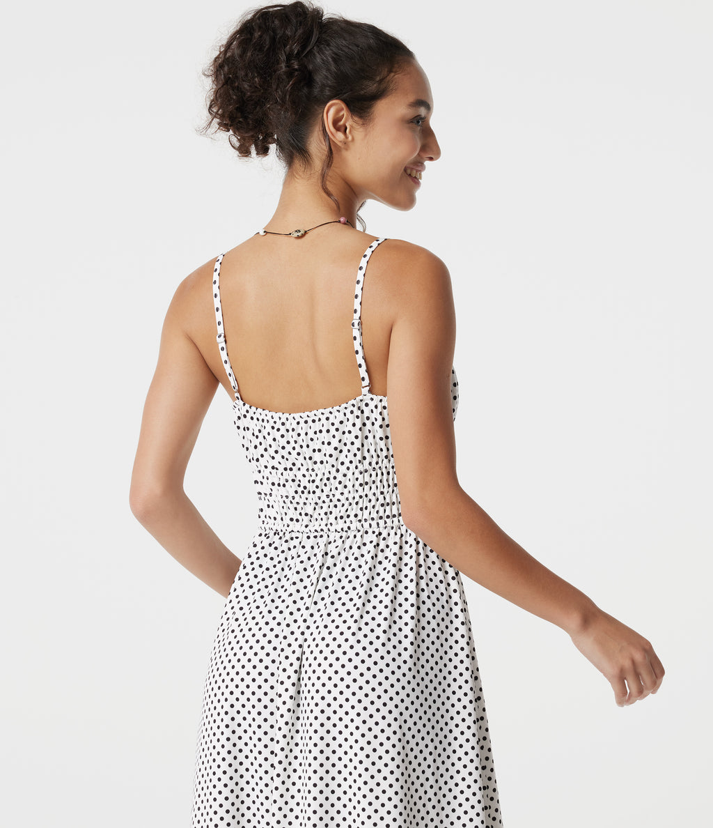 Tie Front Polka Dot Flowy Midi Casual Slip Dress — Snow Dots — view 5