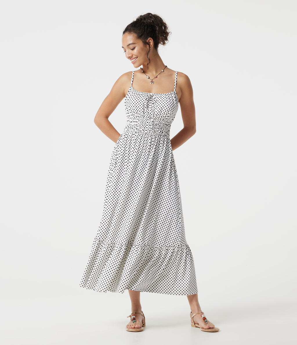 Tie Front Polka Dot Flowy Midi Casual Slip Dress — Snow Dots — view 4
