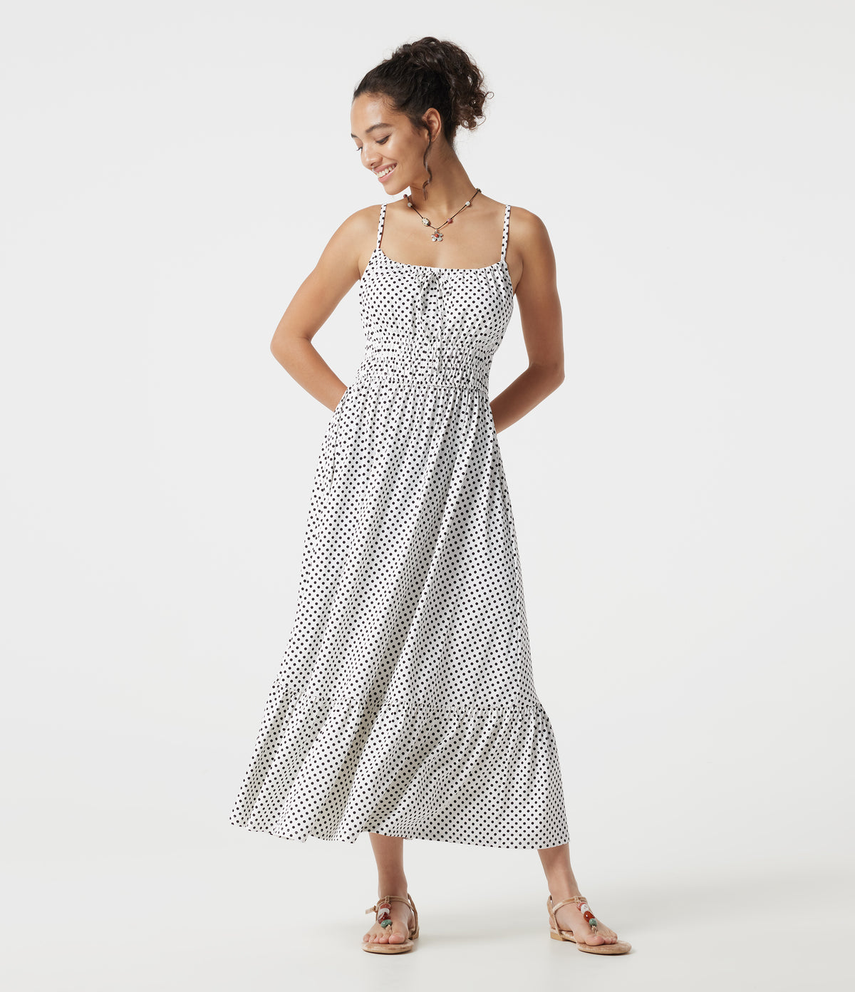 Tie Front Polka Dot Flowy Midi Casual Slip Dress — Snow Dots — view 4