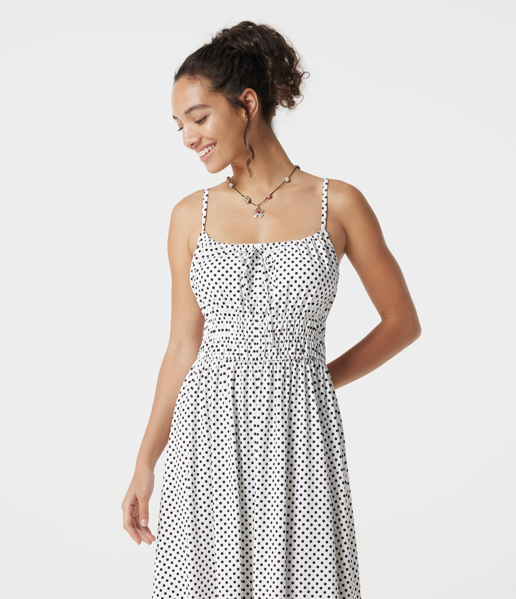 Tie Front Polka Dot Flowy Midi Casual Slip Dress — Snow Dots — view 6