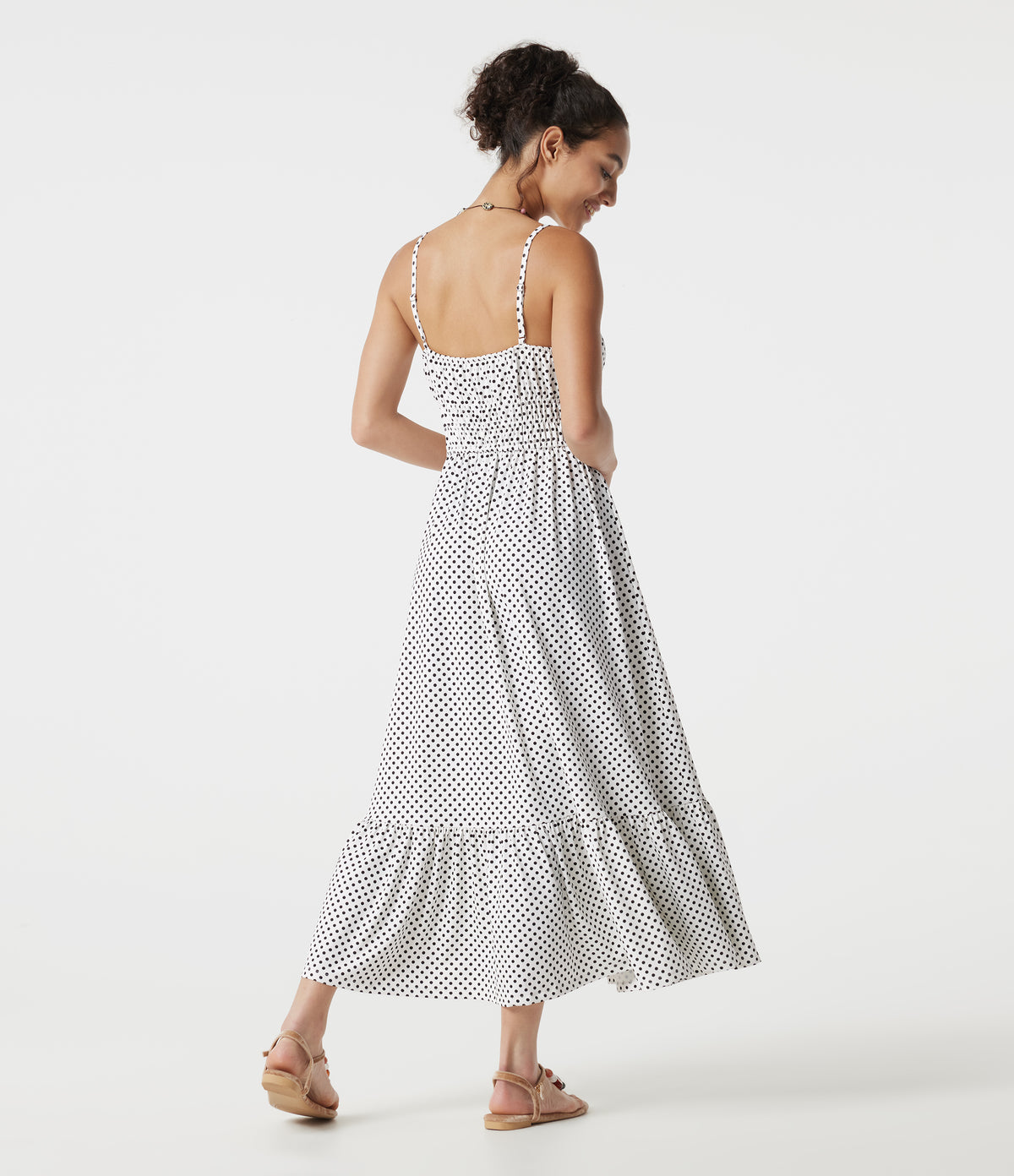 Tie Front Polka Dot Flowy Midi Casual Slip Dress — Snow Dots — view 2