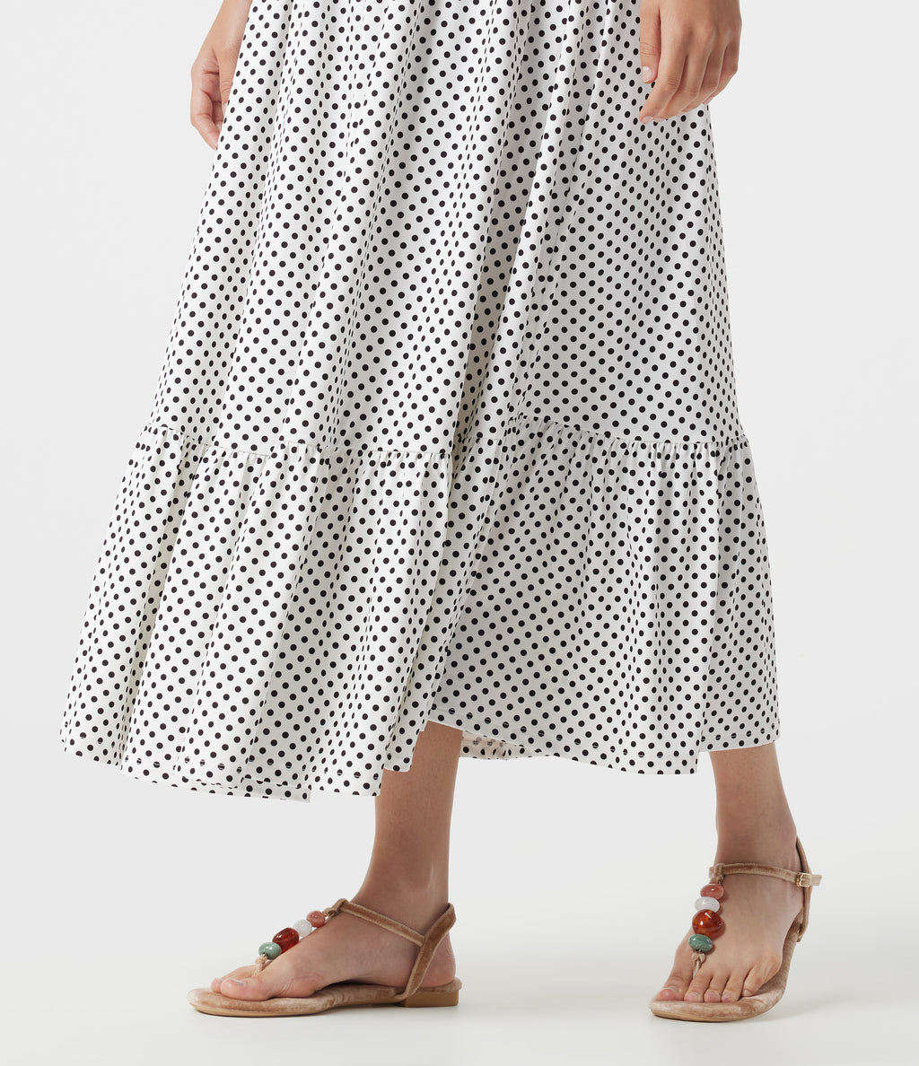 Tie Front Polka Dot Flowy Midi Casual Slip Dress — Snow Dots — view 7