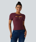 Ribbed Knit Round Neck Cut Out Short Sleeve Built-in Bra Casual T-Shirt — Tawny Port — view 6