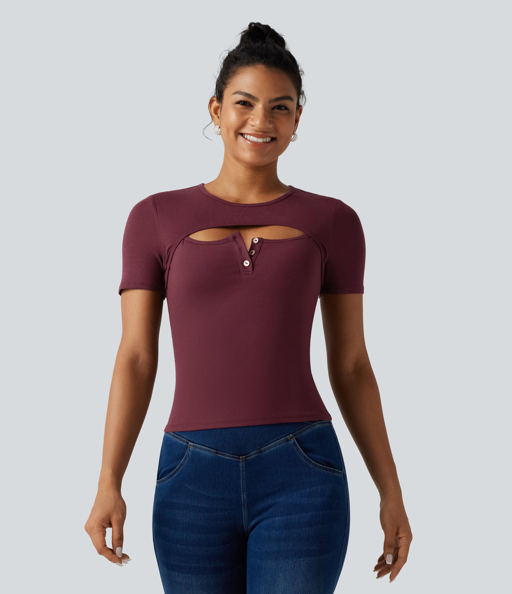 Ribbed Knit Round Neck Cut Out Short Sleeve Built-in Bra Casual T-Shirt — Tawny Port — view 4