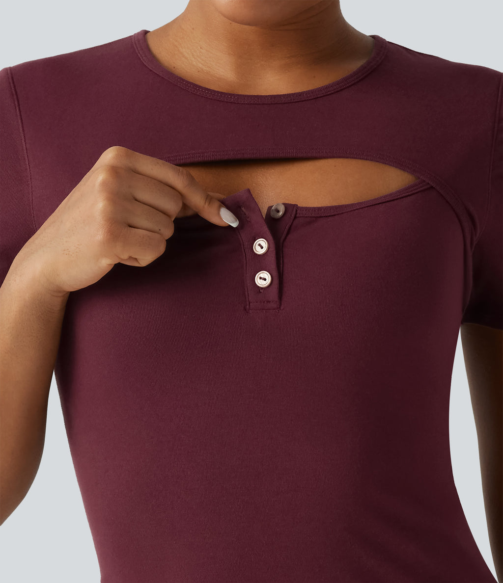 Ribbed Knit Round Neck Cut Out Short Sleeve Built-in Bra Casual T-Shirt — Tawny Port — view 5