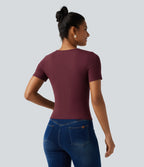 Ribbed Knit Round Neck Cut Out Short Sleeve Built-in Bra Casual T-Shirt — Tawny Port — view 2