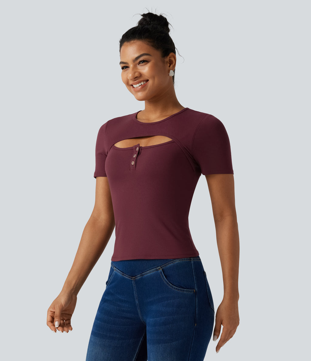 Ribbed Knit Round Neck Cut Out Short Sleeve Built-in Bra Casual T-Shirt — Tawny Port — view 3